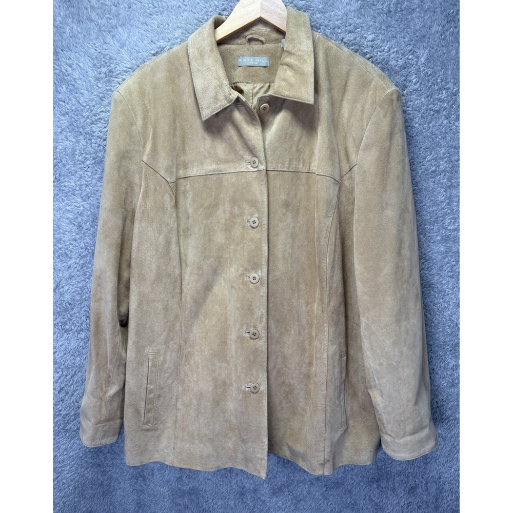 Kate Hill Women's 3X Genuine Leather Suede Jacket Tan Button Front Plus Size